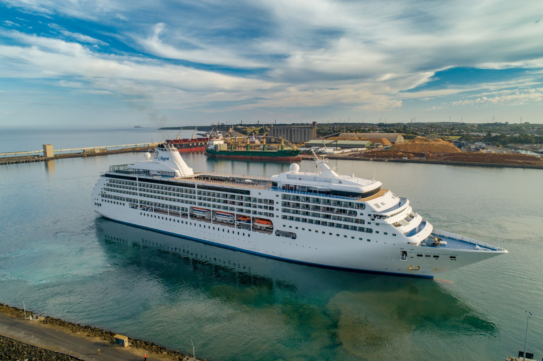 Ariel image of a cruise ship arriving in Portland harbou